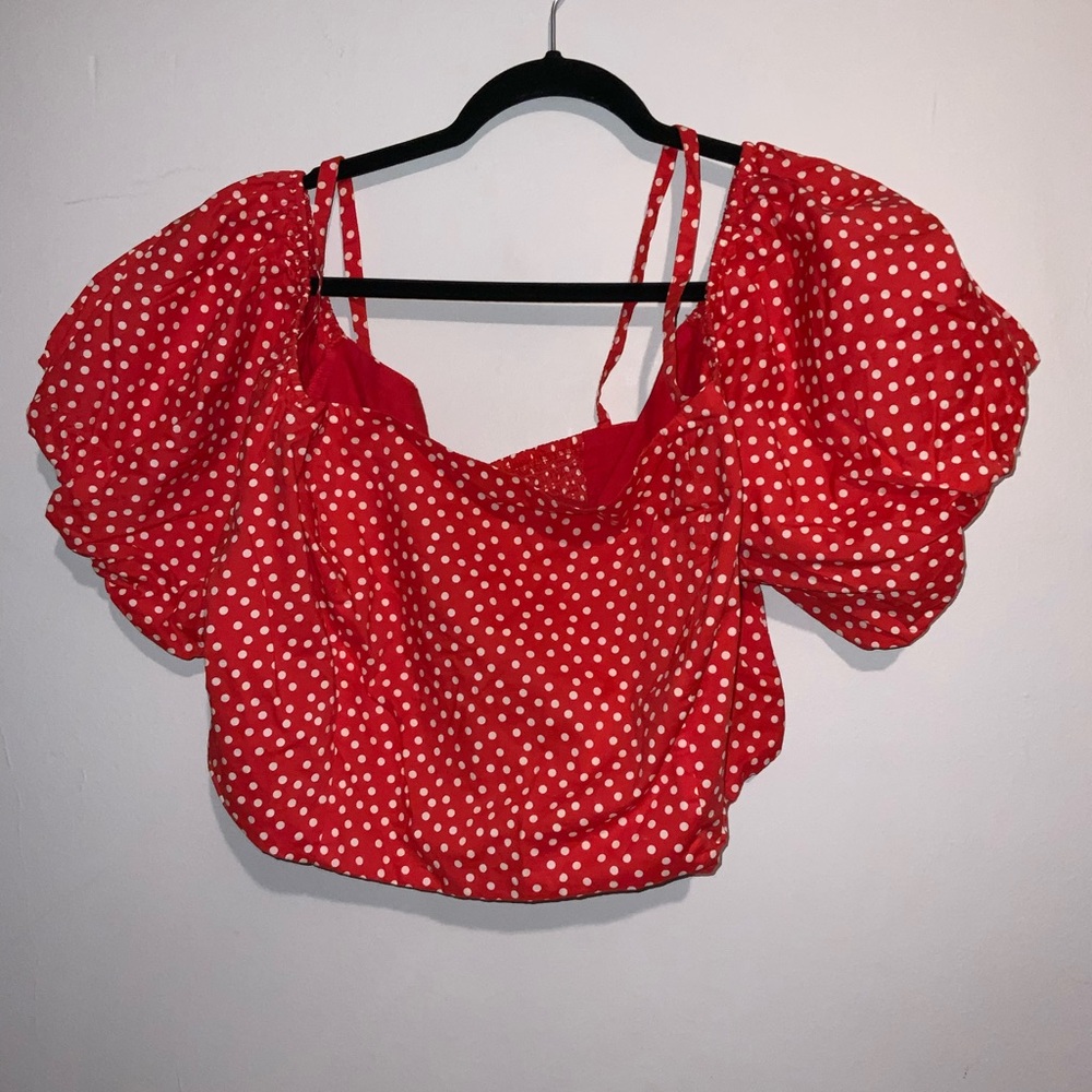 Eloquii Red and White Polka Dot Cold Shoulder Blouse
